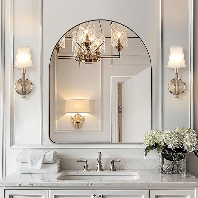 ANDY STAR Arched Mirror, 30 x 36 Inch Brushed Nickel Wall Mirror in Stainless Steel Metal Frame, Arch Top Rounded Corner 1 Inch Deep Set Design Wall Mount Hangs Vertical