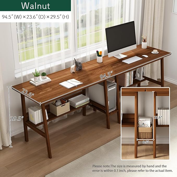 2-Person Writing Desk with Bookshelf - 94" Wooden Extra Long Home Office Work Table, Double Study Computer Workstation with Storage Shelves in Walnut, 94" W x 24" D