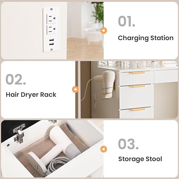 Pamapic 11 Drawers Vanity Desk with Golden Handles, Upgraded Silent Slides Vanity Mirror with Lights, 3 Lighting Modes Glass Top Makeup Vanity with Chair and Portable Mirror, Charging Station