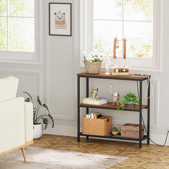 Snughome Console Table with Power Outlets, Entryway Table with Storage, Narrow Sofa Table with 3 Tier Shelves, 2 USB Ports, 2 Power Outlets, Hallway Table for Couch, Living Room, Entrance