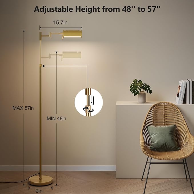 SUNMORY Dimmable LED Pharmacy Floor Lamp, 16W/1500LM Bright Reading Floor Lamp with Remote & Touch Control, 350°Swing Arm, Adjustable Task Craft Standing Lamp for Living Room Bedroom Office, Gold