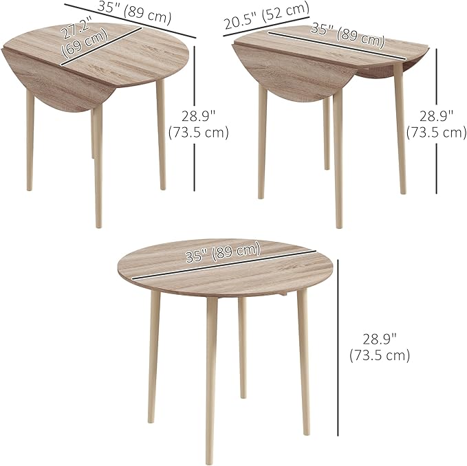 HOMCOM 35" Small Kitchen Table, Collapsible Drop Leaf Table for Small Spaces, Round Folding Dining Table with Solid Wood Legs for Kitchen, Dining Room, Oak