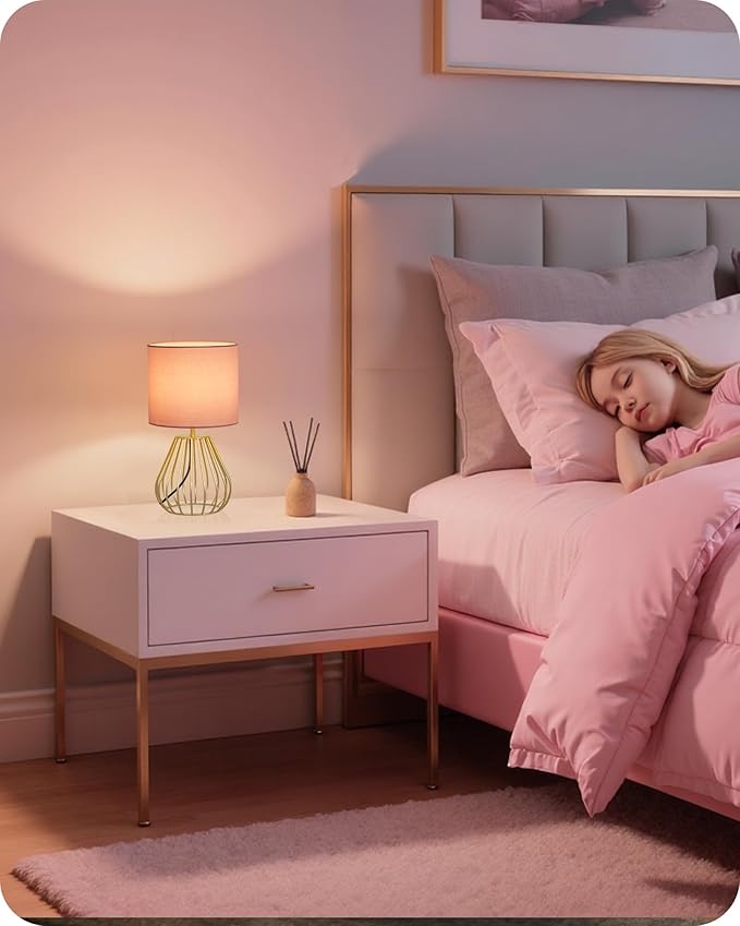 Pink and Gold Table Lamp, Small Bedside Lamp with Metal Base & Pink Linen Lampshade, Modern Nightstand Lamp, Little Cute Desk Lamp for Girl Kid's Room, 2700K LED Bulb Included, DP06TL05