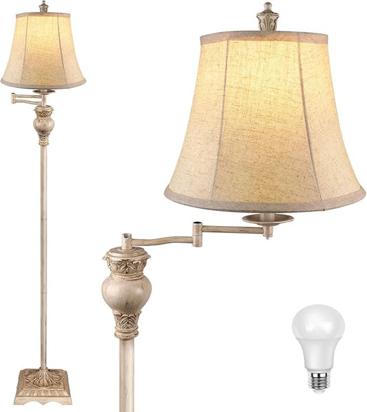 PARTPHONER Vintage Floor Lamps for Living Room,Traditional 350° Adjustable Swing Arm Farmhouse Floor Lamp for Bedroom, Rustic Standing Lamp Pole Lamps for Reading, Home Décor and Office, White
