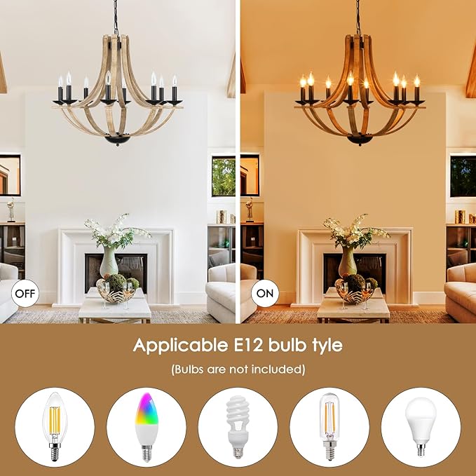 Farmhouse Chandeliers for Dining Room Light Fixture, 8-Light 28" Adjustable Height Retro Faux Wood Texture Rustic Light Fixtures for Living Room Bedroom Kitchen Island Foyer Entryway