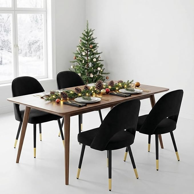 LukeAlon Classic Velvet Dining Chairs Set of 4, Upholstered Open Back Kitchen Chairs with Metal Legs Armless Side Chairs Mid Century Dining Chair for Dining Room, Luxurious Black