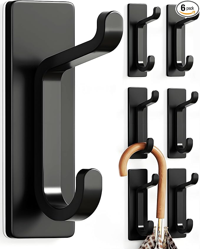 pickpiff Wall Hooks for Coat and Towel: 13LB Adhesive Door Hanger Stick on, Black 6 Pack