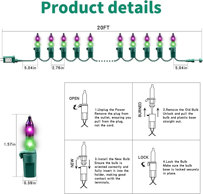 Christmas 100-Count Mini Purple & Green String LightsUL-Certified, Equipped with 8 Lighting Modes, Perfect for patios, Fences and Holiday Occasions.