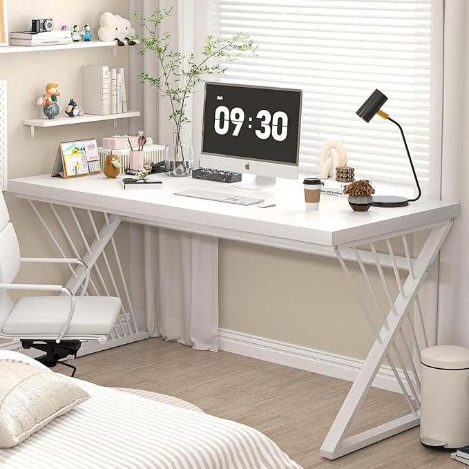 FOLUBAN Modern White Desk, Rustic Wood and Metal Computer Desk for Home Office, Simple Writing Work PC Desks for Bedroom, Industrial Study Gaming Table for Living Room, White, 53 Inch