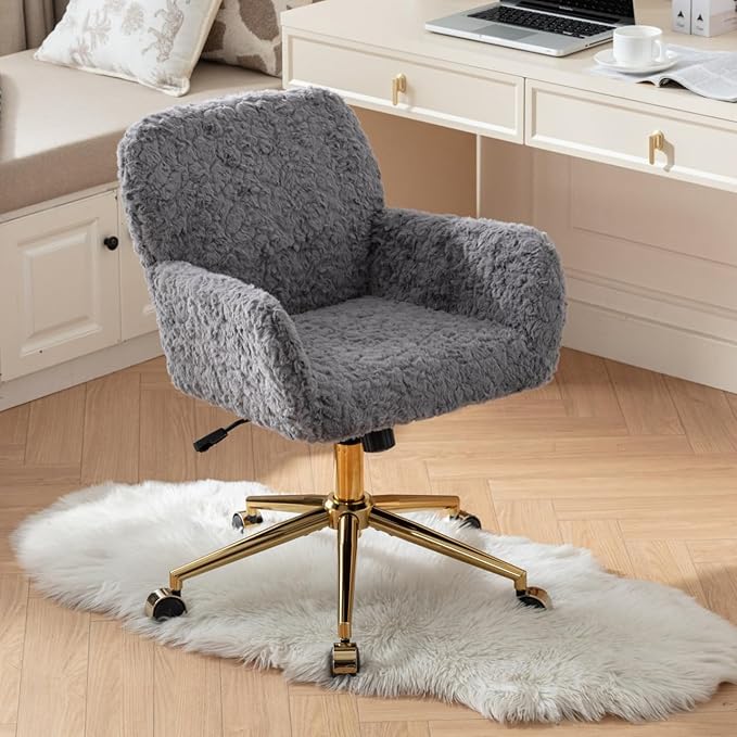Goujxcy Faux Fur Home Office Chair, Upholstered Elegant Makeup Vanity Chair for Teen Girls Teddy Fabric Swivel Desk Chair, Height Adjustable Leisure Elegant Chair for Home Office (Gray)