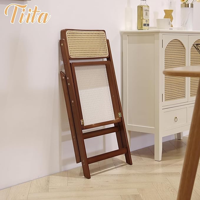 Tiita Rattan Dining Chairs Set of 1, Mid Century Modern Folding Chair, Bamboo Folding Dining Chairs for Small Space, Dining Room, Living Room, Bedroom, Walnut