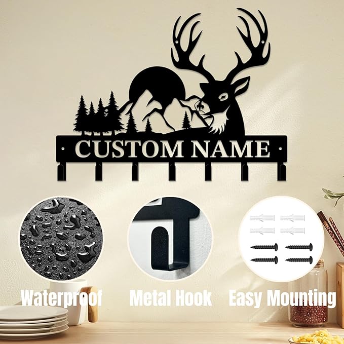 Personalized Custom Name Forest Deer Wall Keys Hooks,Metal Forest Deer Art Clothes Hooks,Metal Forest Deer Wall Home Storage Decorative,For Front Door, Hallway, Kitchen, Bedroom,Keys,Hats (Style B)