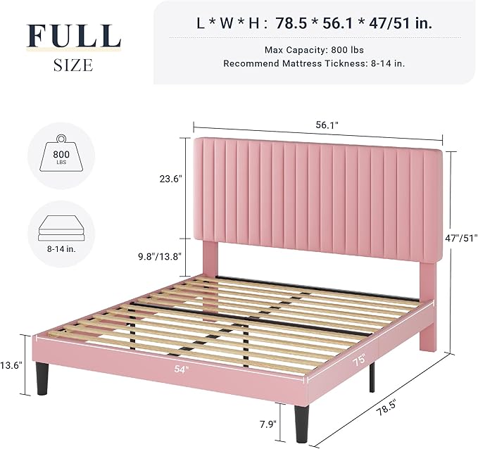 Allewie Full Bed Frame, Velvet Upholstered Platform Bed with Adjustable Vertical Channel Tufted Headboard, Mattress Foundation with Strong Wooden Slats, Box Spring Optional, Easy Assembly, Pink