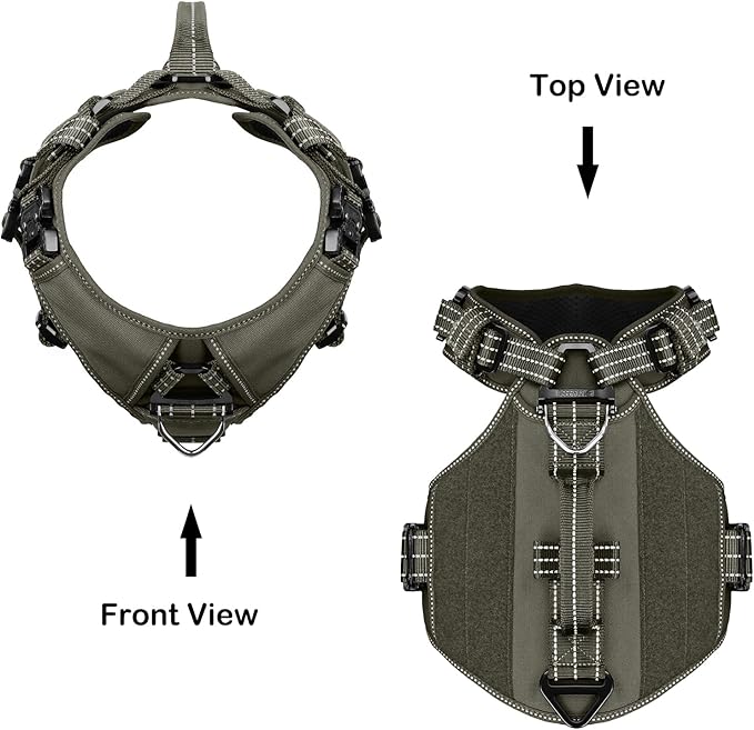ICEFANG GN8 Tactical Dog Harness with 4X Metal Buckles for Large Sized Dogs,Reflective in Training Walking K9 Dog Vest,No-Pull Front Leash Clip,Adjustable Pet Harness (Green, Large (Pack of 1))