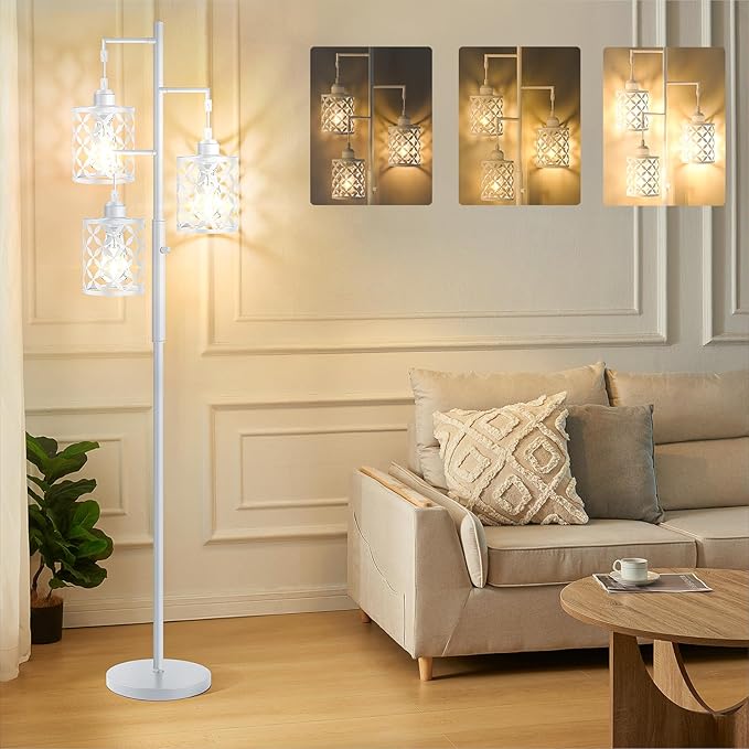 【Upgraded】72" Tall Dimmable Floor Lamp, Modern Standing Lamp with Elegant Metal Cages, Industrial Tree Floor Lamps for Living Room, Bedroom, Study Room, Office (3 x 800LM LED Bulbs Included) - White