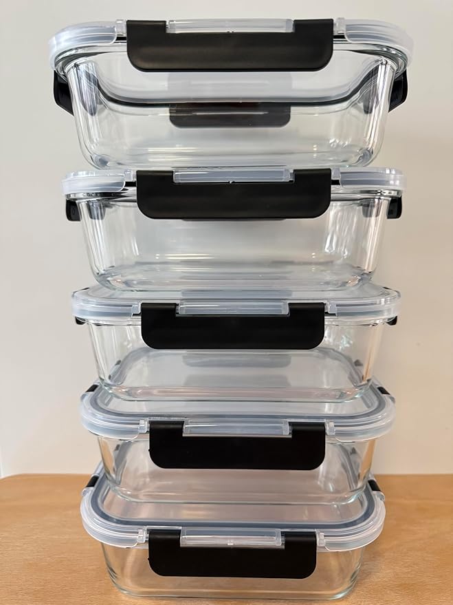5-Pack Borosilicate Glass Food Containers 35oz, Airtight BPA-Free Meal Prep Containers with Locking Lids, Oven, Microwave & Dishwasher Safe Storage Set