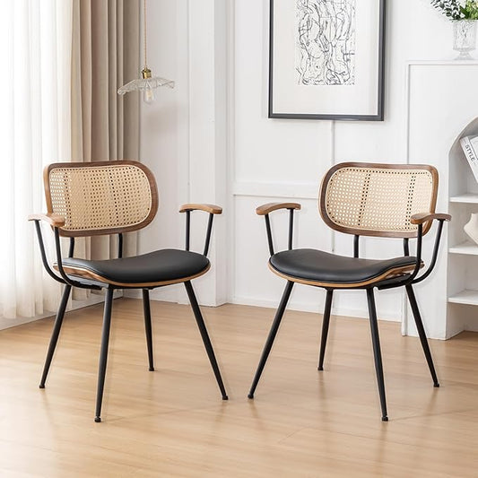 Rattan Dining Room Chairs Set of 2,Mid Century Modern Kitchen Side Chairs,Metal Legs Desk Chairs,Faux Leather Accent Chairs with Arms and Rattan Backrest,Black PU