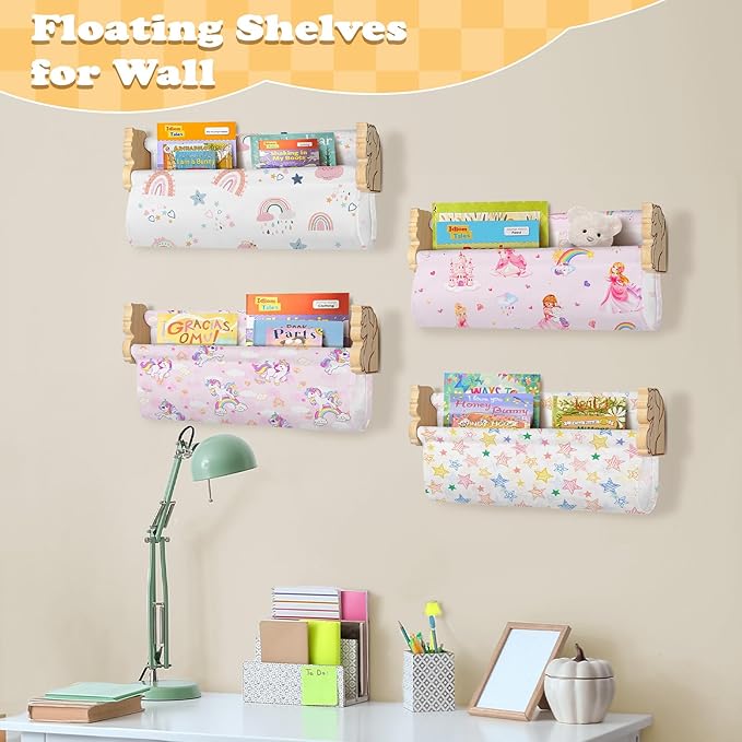 Floating Book Shelves for Wall Set of 4 Wood Nursery Bookshelves for Kids Room 16.9 Inch Kids Bookshelf for Books Toys and Decor,Wall Mounted Storage for Baby Boys Girls Bedroom Living Room