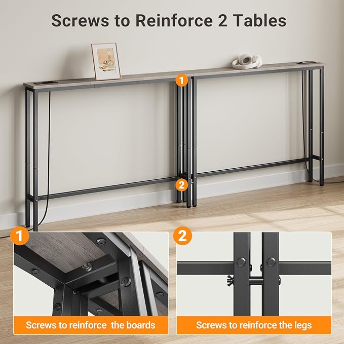 ELYKEN 5.9" Narrow Console Sofa Table with Power Outlets, Total 78.8” Long Behind Couch Table with Charge Station and 5.9’ Extension Cord for Living Room, 5.9" D x 78.8”W x 29.5”H, Gray
