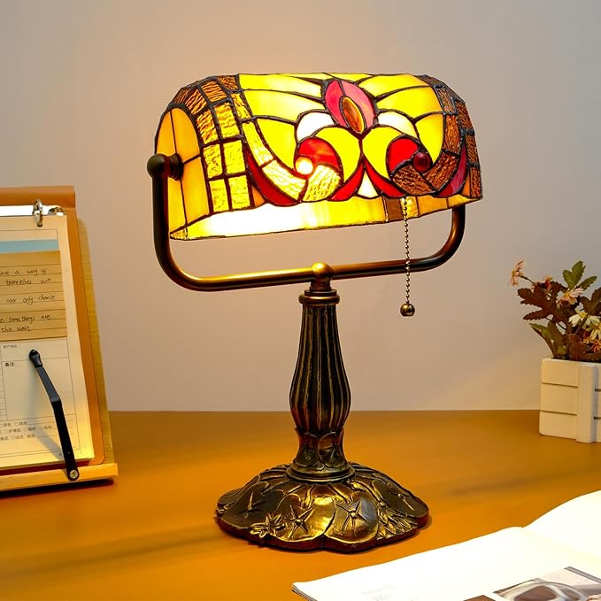 Tiffany Style Bankers Lamp - Stained Glass Desk Lamps with Baroque Design & Pull Chain, Vintage Table Lamp Bankers Desk Light for Office Bedroom Nightstand Living Room LED Bulb Included