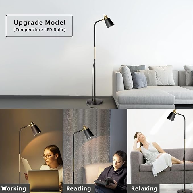 Floor Lamp, Dimmable Floor Lamps for Living Rooms & Bedrooms, Farmhouse Reading Lamp - Standing, Adjustable Metal Heads Indoor Task Lighting for Living Room Bedroom Office (Dimmable Black)