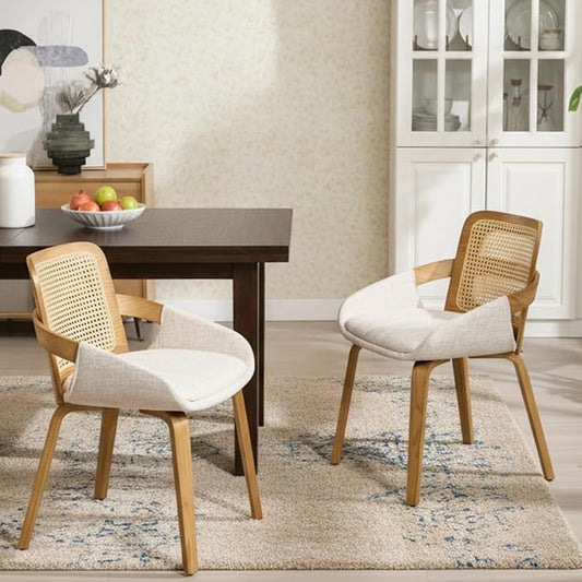 DUOMAY Modern Linen Dining Chairs Set of 2, Cane Back Room Chairs with Solid Wood Legs Kitchen Chairs for Living Room, Restaurant, Beige