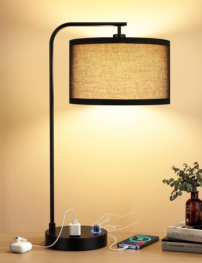 Innqoo Black Tall Table Lamp with USB Port and Outlet, Dimmable Nightstand Bedside Lamps with Linen Lampshade, Desk Lamp for Bedroom, Living Room, Guest Room, Home Office, LED Bulb Included
