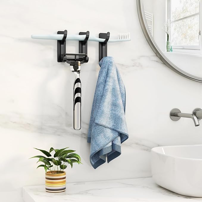 pickpiff Adhesive Wall Coat Hooks - Heavy Duty Stick-On Door Hanger, Metal Hook for Hanging Towel,Purse, Robe, Backpack, Jacket, Clothes - for Bathroom,Dorm, Closet, Kitchen - Black, 6 Pack