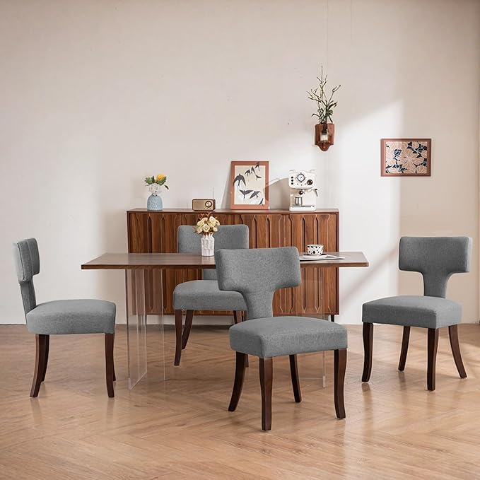 Mid Century Modern Dining Chairs Set of 4, Upholstered Side Dining Chairs with Curved Back Linen Fabric Armless Wood Chairs Kitchen & Dining Room Farmhouse Chairs (Gray)