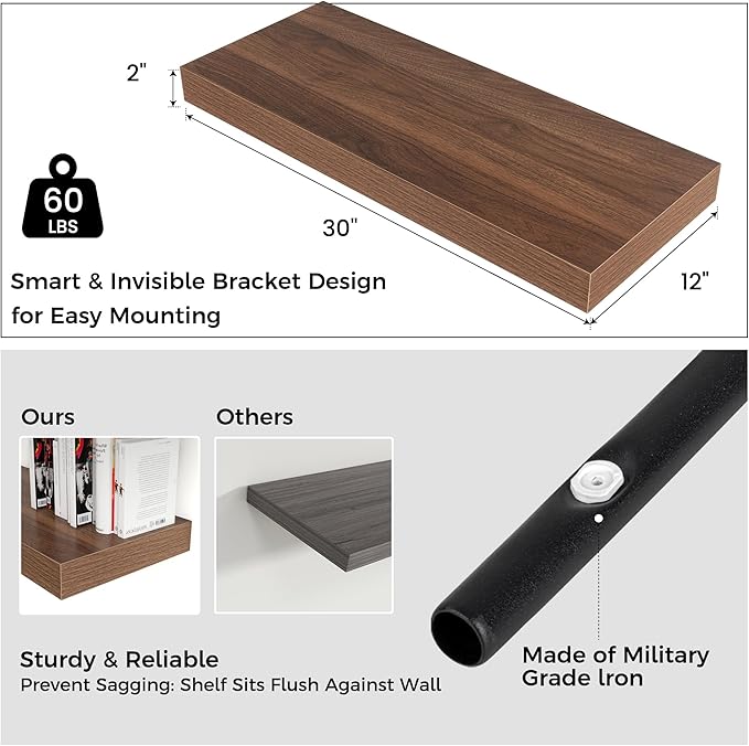 Floating Shelves for Wall, 30" W x 12" D x 2" H, 2 Pack of Long Wall Mounted Engineered Wood Shelves with Invisible Brackets for Living Room, Bedroom, Bathroom, Kitchen Decor, Walnut