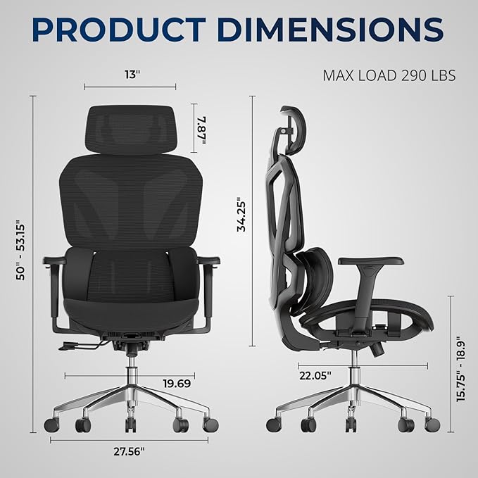 Ergonomic Office Chair – Mesh Office Chair with Headrest, Adjustable Armrest and Lumbar Support – Holds Up to 290lbs (GPP-MAX-90)