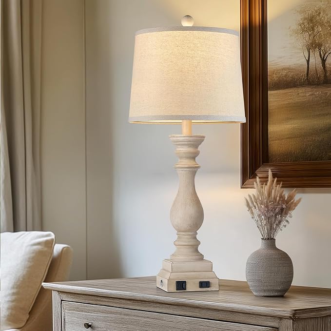 28" Farmhouse Table Lamps Set of 2 with USB C+A Ports and AC Outlet, 3 Way Touch Tall Vintage Bedside Lamp for Living Room, Beige Rustic Nightstand Lamp for Bedroom Office