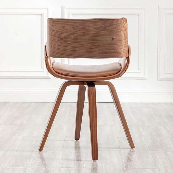 LUNLING Swivel Accent Faux Leather Dining Chairs Set of 2 Mid Century Modern Chairs with Wooden Legs/Armrest/Upholstered Seat/Adjustable Foots for Kitchen Dining Room Desk Chairs(Brown)