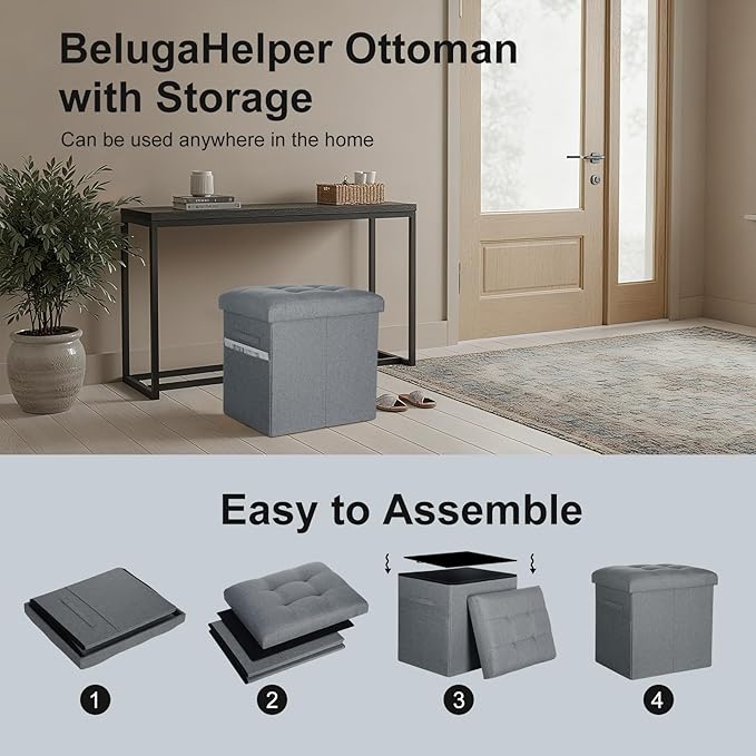 Storage Ottoman Foot Rest, 61L Slim Tall Folding Linen Foot Stool with Thicker Foam Padded Seat. Small Ottoman with Storage Bench for Bedroom Living Room, 300lbs Weight Support, 17x13x13IN, Light Gray