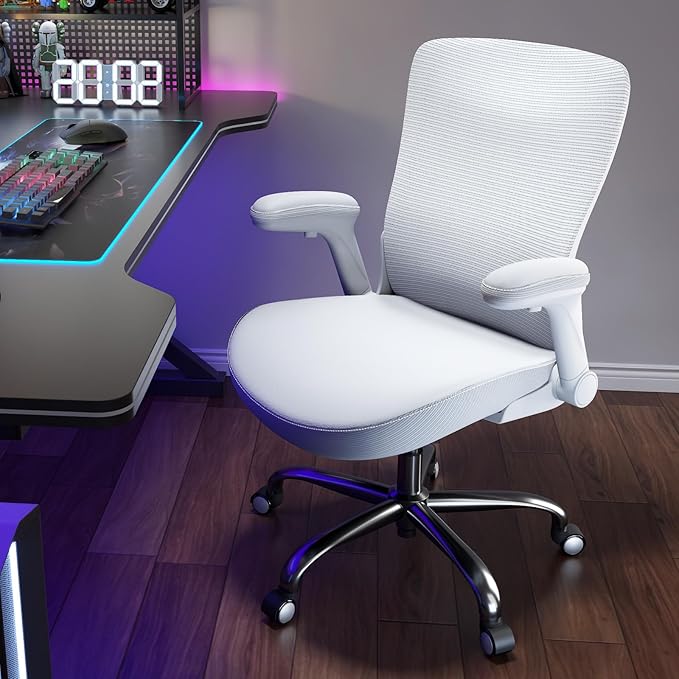 Office Home Ergonomic Desk Chair-Computer X-Shaped Chair Mesh PU Leather with Adjustable Lumbar Support-Executive Chair High Back Flip-Up Arms for Long Hours (White-No Headrest)