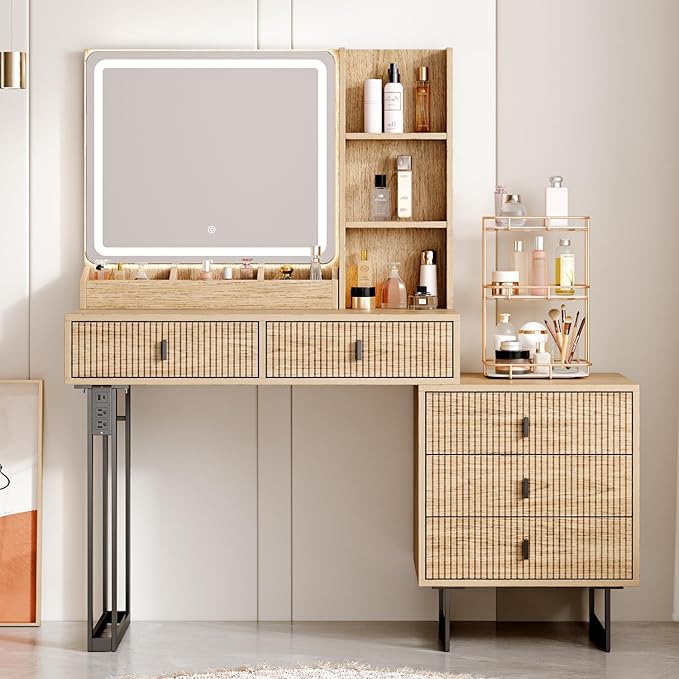 Large Vanity Desk with 3 Color Touch Screen Dimming Mirror, Vanity Desk with Charging Station, Modern Retractable Makeup Dressing Table, Makeup Table With storage shelves and 5 Sliding Drawers, Oak