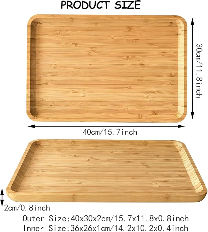 Bamboo Serving Tray Rectangle Platter Breakfast Dinner Food Bed Tray for Eating Kitchen Restaurants (1, 15.7" x 12.8" x 0.8" (no Handle))