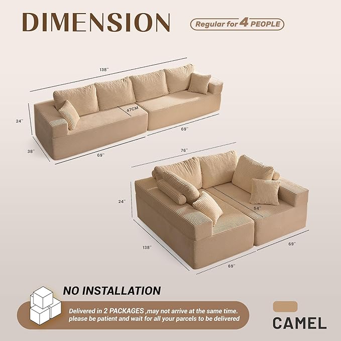 138" Modular Sofa Memory Foam Sectional Couches for Living Room, Sleeper Sofa Bed, Corduroy, Camel