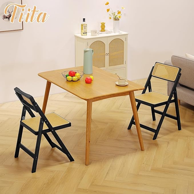 Tiita Rattan Dining Chairs Set of 2, Mid Century Modern Folding Chair, Bamboo Folding Dining Chairs for Small Space, Dining Room, Living Room, Bedroom, Black