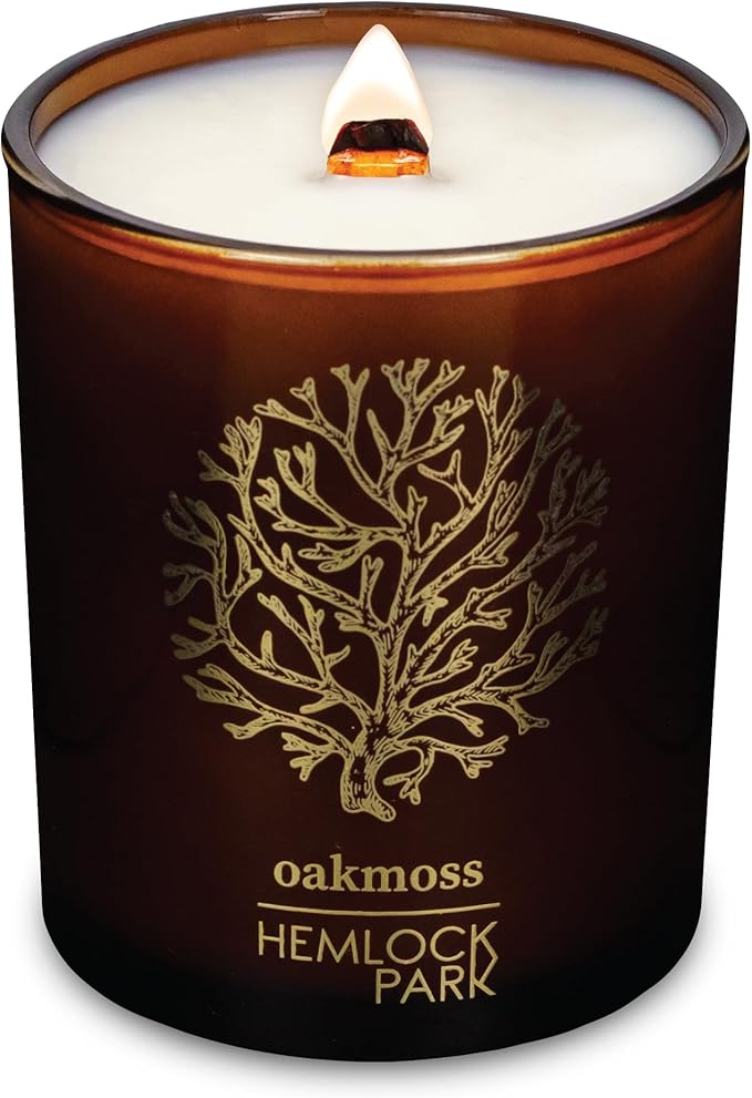 Hemlock Park Amber & Gold Wood Wick Candle Handcrafted with Natural Coconut Wax (Standard 7.2 oz, Oakmoss)