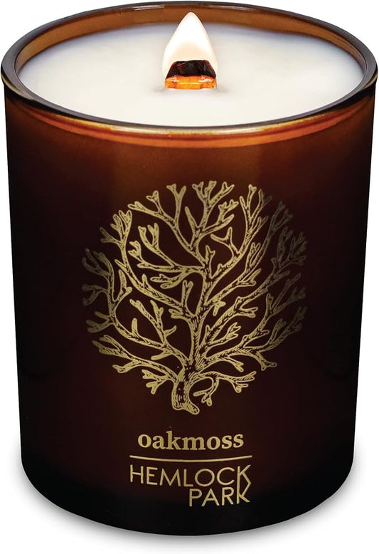 Hemlock Park Amber & Gold Wood Wick Candle Handcrafted with Natural Coconut Wax (Standard 7.2 oz, Oakmoss)