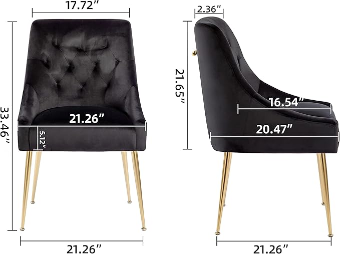 Modern Dining Chairs Set of 2, Mid Century Dining Chairs with 5.12” Cushions and Golden Legs, Velvet Upholstered Chairs with Back Pull Rod, for Kitchen, Living Room (Black)