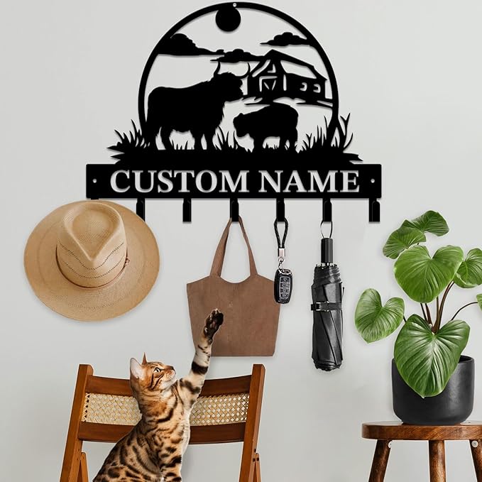 Personalized Highland Cow Metal Keys Hooks,Custom Name Metal Highland Cow Keys Hooks,Black Metal Highland Cow Wall Home Storage Decorative Keys Hooks,Key Holder Hooks for Wall (Style J)