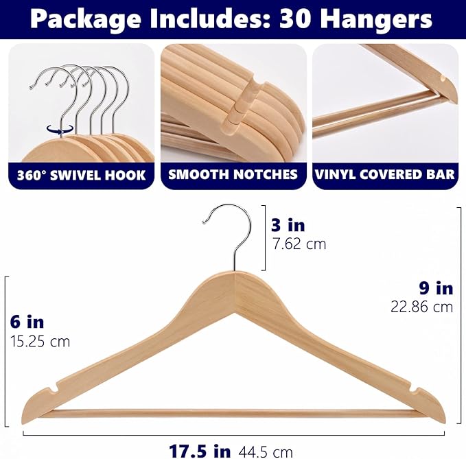 Amber Home 30 Pack Wooden Coat Hangers, Natural Wood Suit Hangers with Non Slip Pant Bar, Clothes Hangers for Shirts, Jackets, Dress, Pant (Natural, 30)