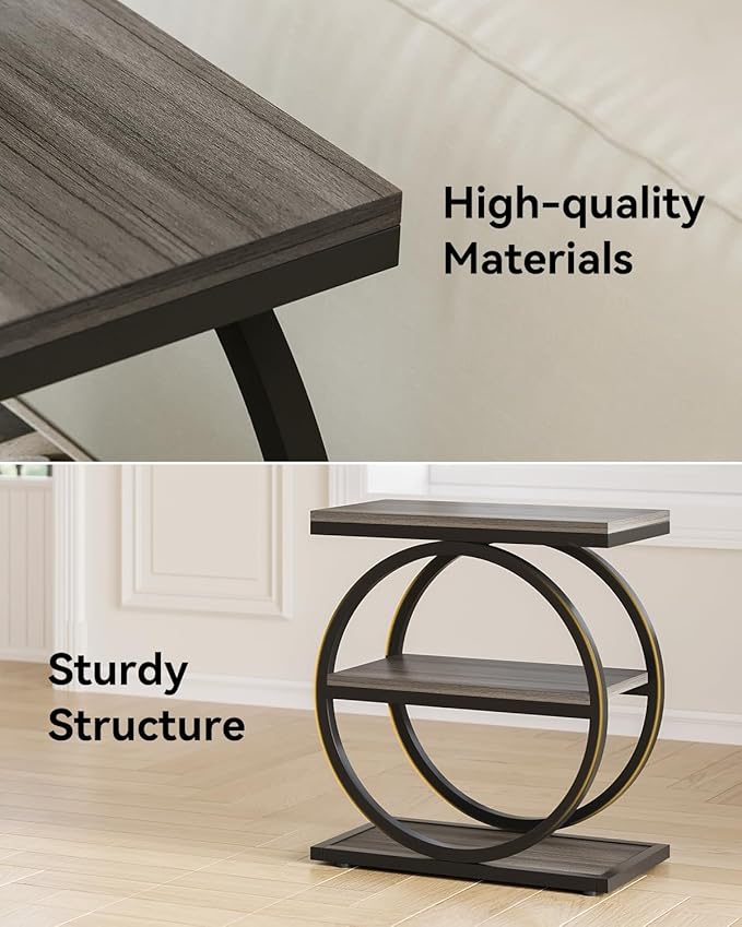LITTLE TREE End Table, 3-Tier Side Table, Slim Sofa Side Table for Living Room, Tall Bedside Table Nightstand for Bedroom, Grey and Black