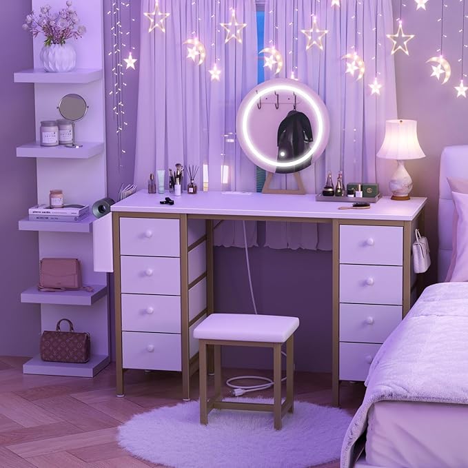 Large Vanity Desk with Mirror and Light- Makeup Vanity Set Table with Chair, Storage, Lighted Mirror, 8 Fabric Drawers & Power Outlet, Dressing Table Vanities for Girls Bedroom