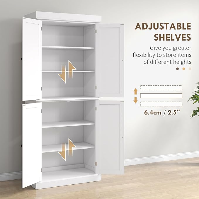 HOMCOM 72.5" Freestanding Kitchen Pantry Cabinet, Tall Storage Cabinet with 4 Doors and 2 Adjustable Shelves for Dining Room, White