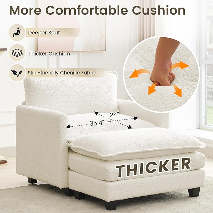 ROWHY Convertible Sectional Couch with Ottoman, Single Armchair with armrests, Modern Living Room Furniture Set, Small Couches for Small Spaces, for Living Room, Chenille, Beige