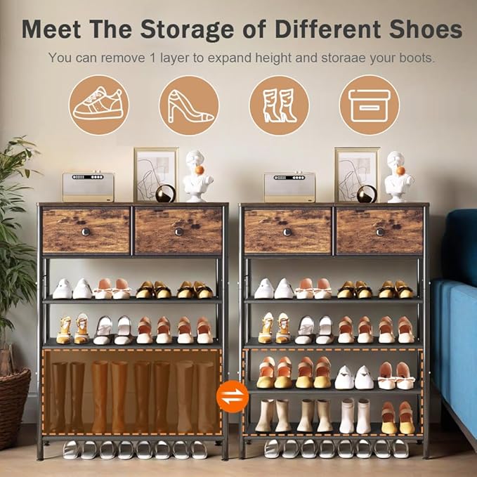 Shoe Rack Organizer 5 Tier Metal Organizer Shelf with 2 Drawers Industrial MDF Board and Layer Fabric for Entryway Closet Bedroom Living Room Garage