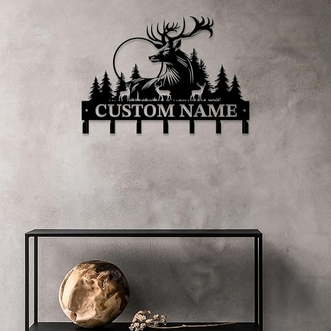 Personalized Custom Name Forest Deer Wall Keys Hooks,Metal Forest Deer Art Clothes Hooks,Metal Forest Deer Wall Home Storage Decorative,For Front Door, Hallway, Kitchen, Bedroom,Keys,Hats (Style D)